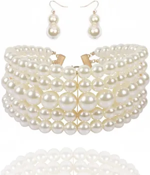 Aukmla Layered Pearl Choker Necklace Earrings Set Silver Short 1920s Chunky Necklaces Chain Wedding Jewelry Sets for Women
