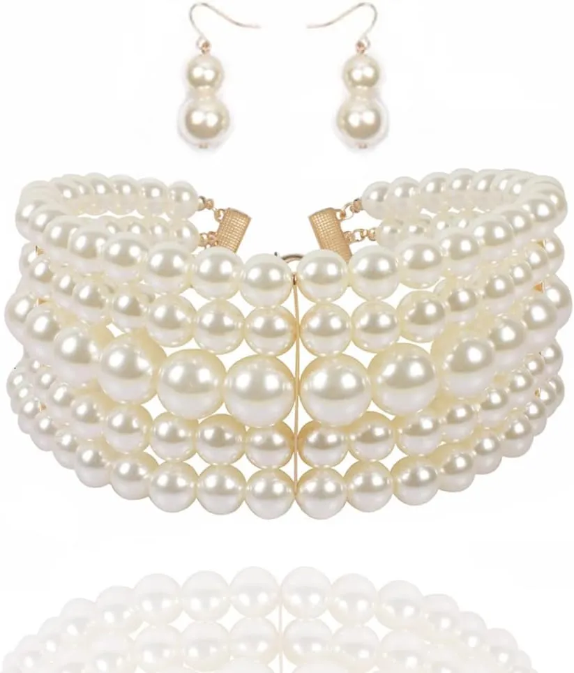 Aukmla Layered Pearl Choker Necklace Earrings Set Silver Short 1920s Chunky Necklaces Chain Wedding Jewelry Sets for Women