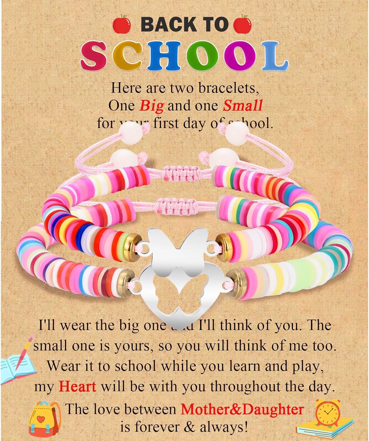 Back to School/First Day of School Bracelet Gifts, First Day of Kindergarten Preschool First/Second Grade Bracelet Gifts, Set of 2 Colorful Matching Butterfly Bracelet for Mom and Daughter