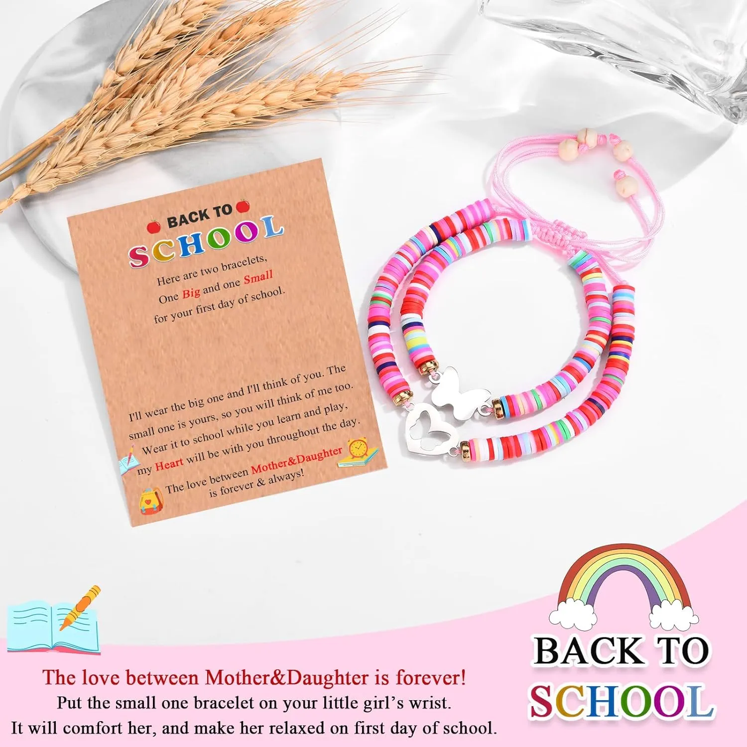 Back to School/First Day of School Bracelet Gifts, First Day of Kindergarten Preschool First/Second Grade Bracelet Gifts, Set of 2 Colorful Matching Butterfly Bracelet for Mom and Daughter