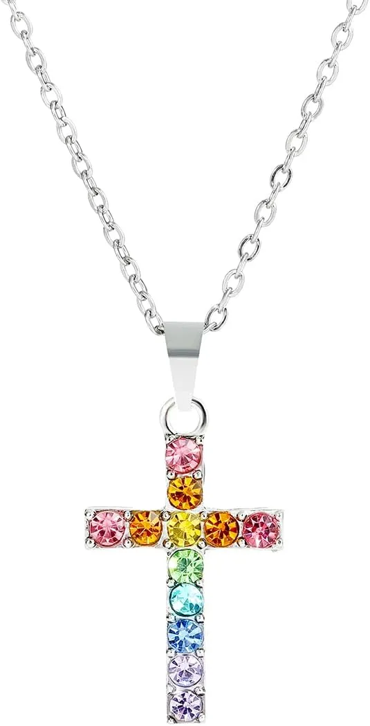 Baptism Cross Necklace for Women First Communion Silver Cross Necklaces Rainbow Cross Necklace Religious Gifts for Women