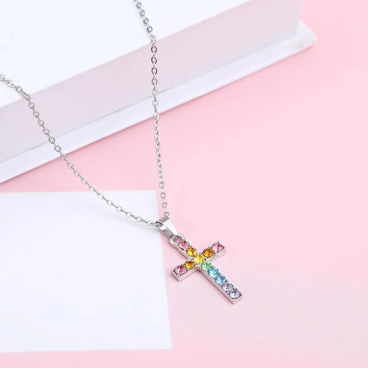 Baptism Cross Necklace for Women First Communion Silver Cross Necklaces Rainbow Cross Necklace Religious Gifts for Women