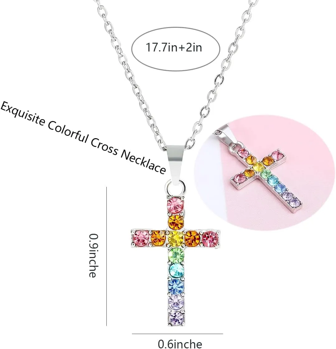 Baptism Cross Necklace for Women First Communion Silver Cross Necklaces Rainbow Cross Necklace Religious Gifts for Women