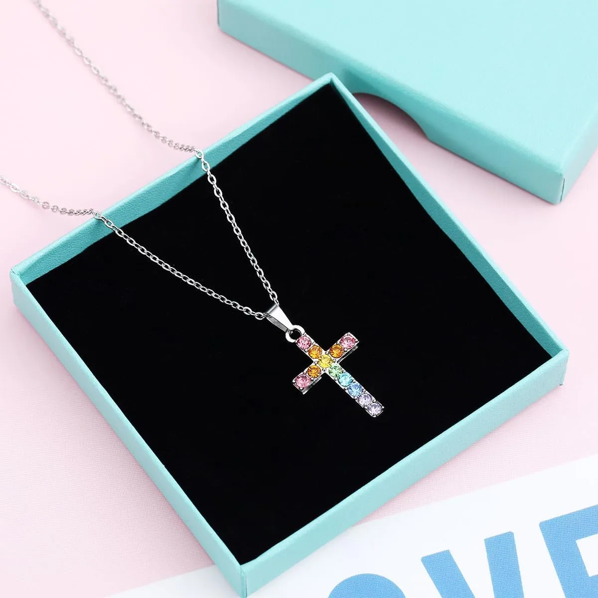 Baptism Cross Necklace for Women First Communion Silver Cross Necklaces Rainbow Cross Necklace Religious Gifts for Women