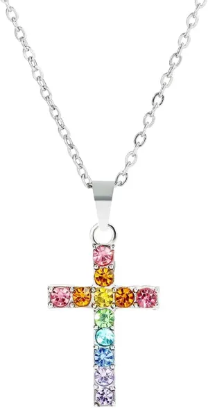 Baptism Cross Necklace for Women First Communion Silver Cross Necklaces Rainbow Cross Necklace Religious Gifts for Women
