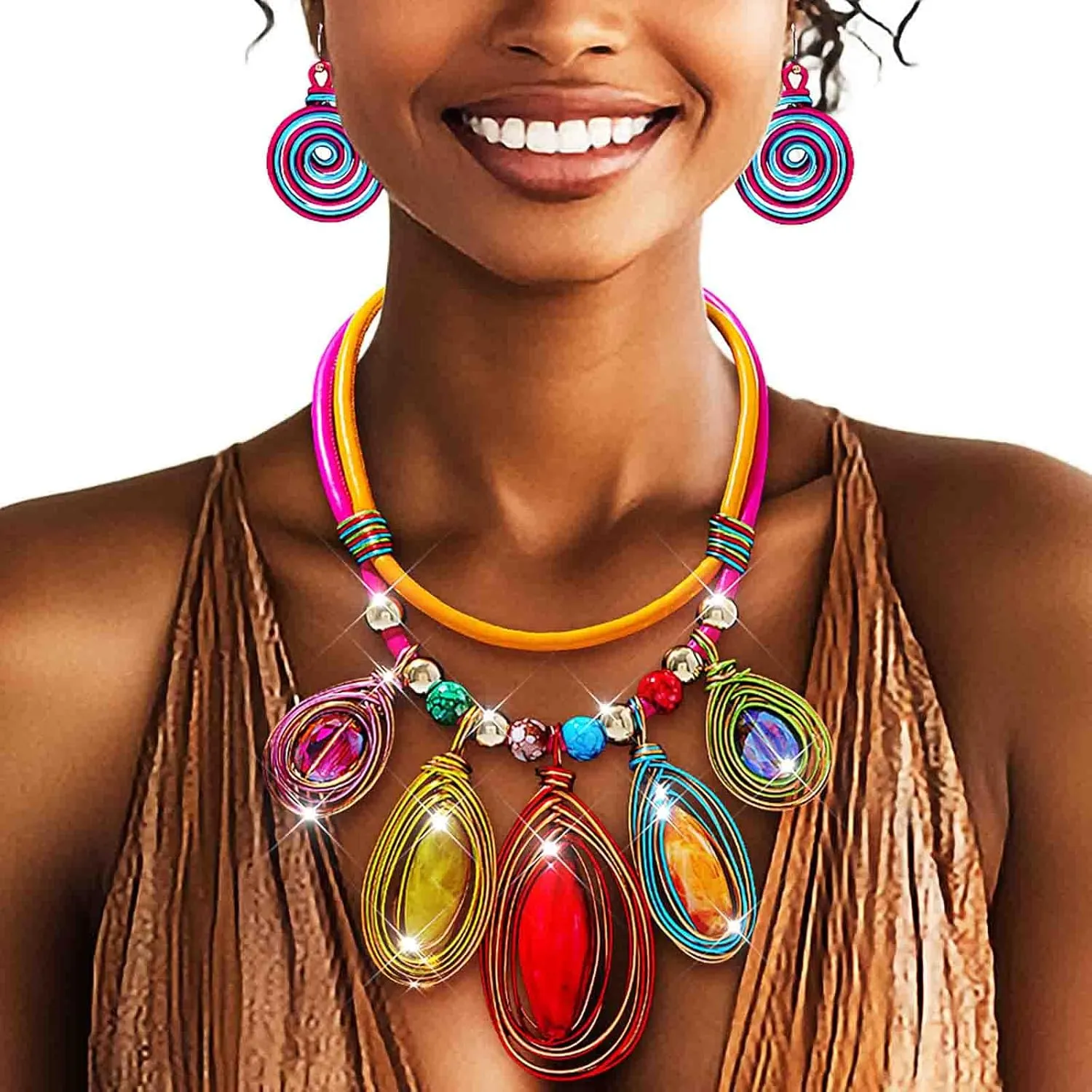 Barode African Statement Choker Necklaces Colorful Chunky Bib Collar Necklace Ethnic Indian Tribal Jewelry Set for Women (A)