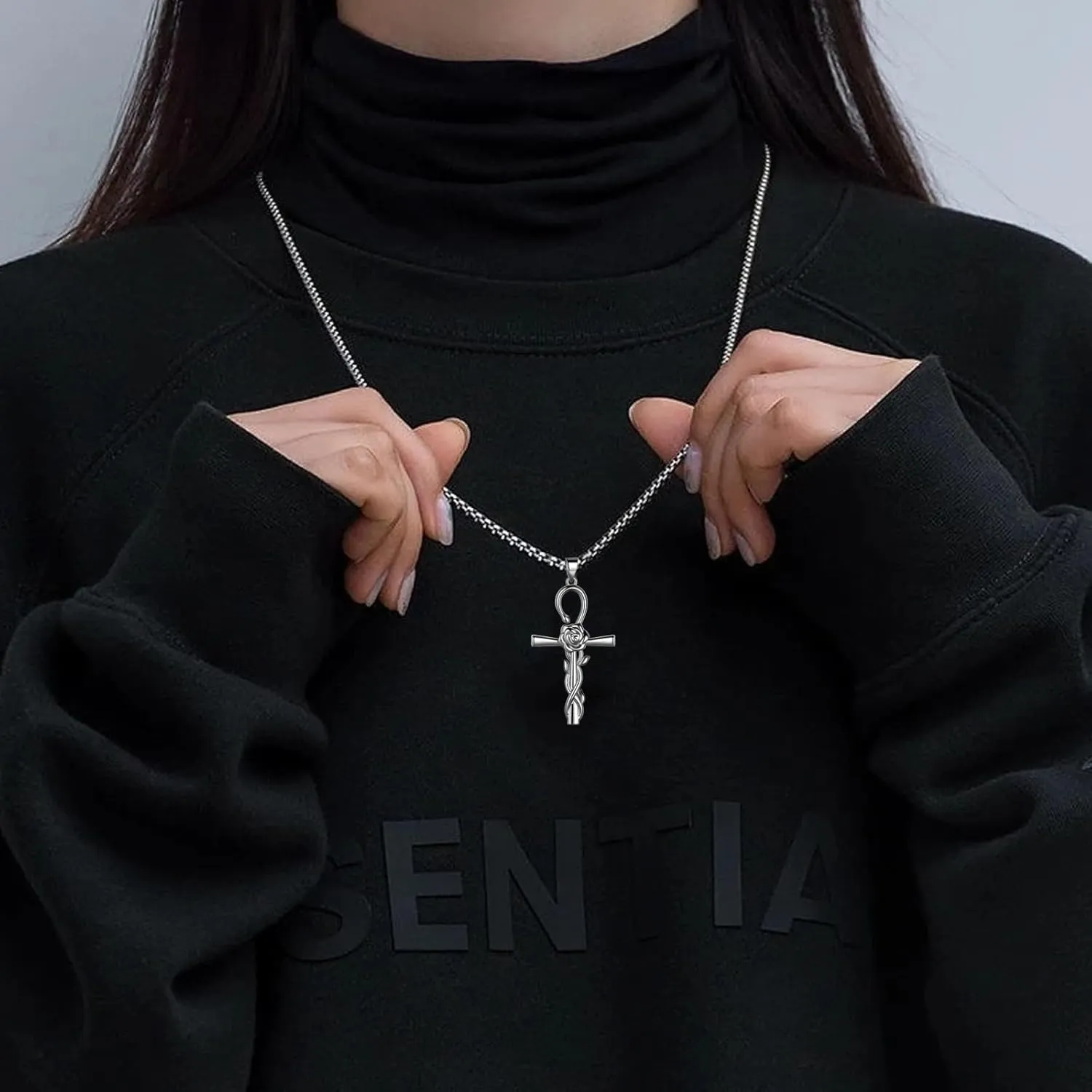 beautlace Cross Necklaces Rose Pendant Silver/Black Gun Plated Flower Cross Necklace Jewelry Gifts for Men and Women KP0244