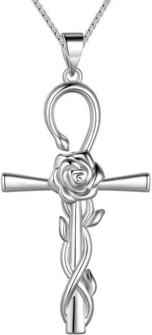 beautlace Cross Necklaces Rose Pendant Silver/Black Gun Plated Flower Cross Necklace Jewelry Gifts for Men and Women KP0244