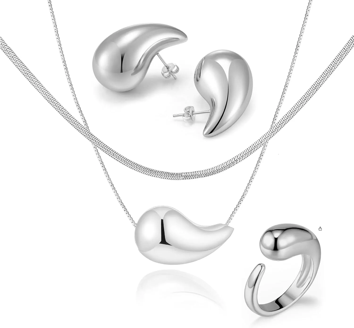 Bi&Yamigeo Teardrop Necklace Earring set,18K Gold Stainless Steel Tear Drop Necklaces Earrings Ring Jewelry,Adjustable Layered Choker Box Chain Waterdrop Pendant Necklace for Women