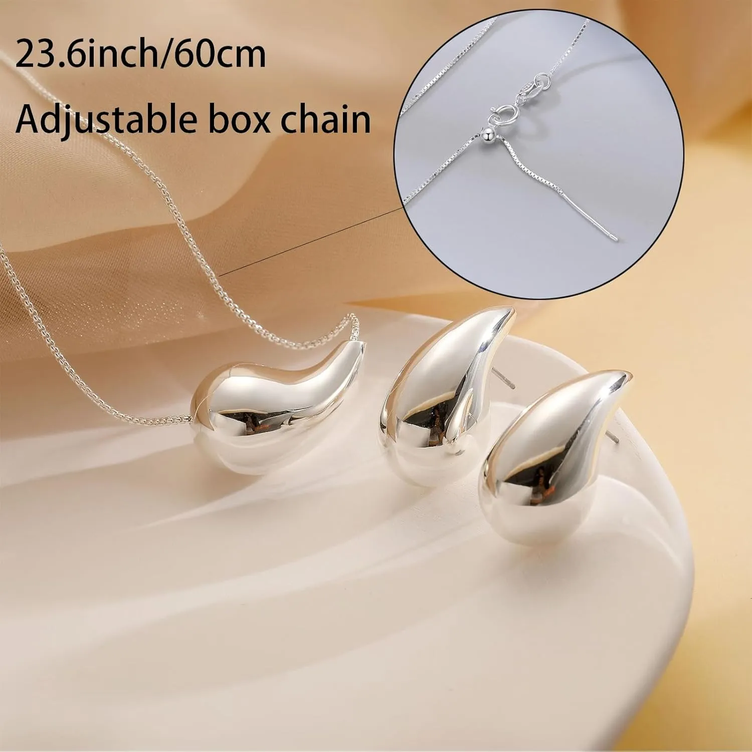 Bi&Yamigeo Teardrop Necklace Earring set,18K Gold Stainless Steel Tear Drop Necklaces Earrings Ring Jewelry,Adjustable Layered Choker Box Chain Waterdrop Pendant Necklace for Women
