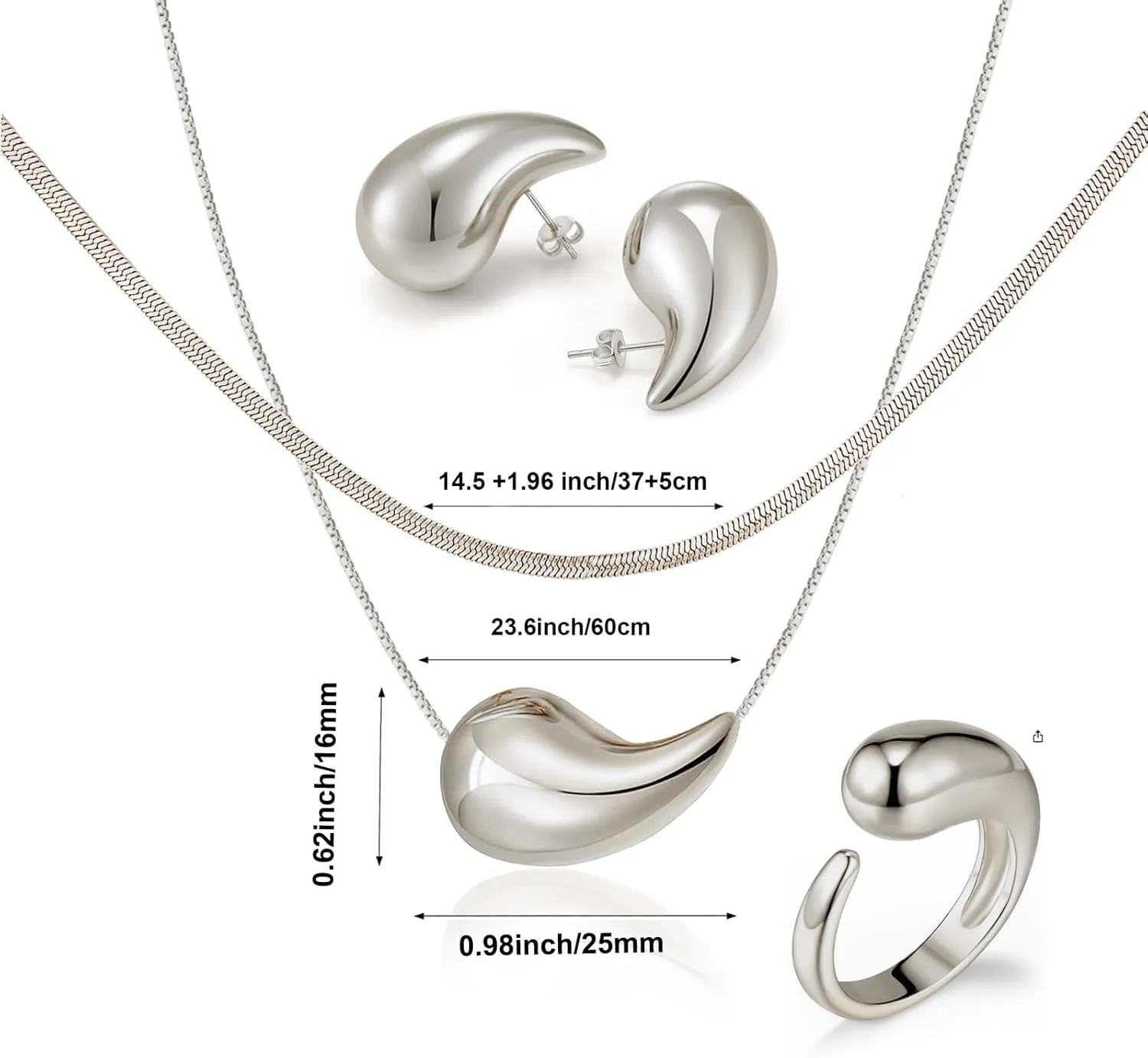 Bi&Yamigeo Teardrop Necklace Earring set,18K Gold Stainless Steel Tear Drop Necklaces Earrings Ring Jewelry,Adjustable Layered Choker Box Chain Waterdrop Pendant Necklace for Women