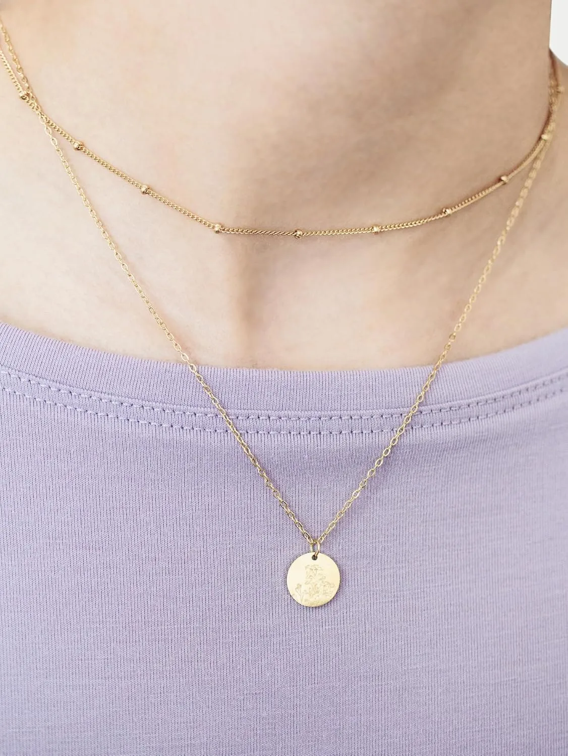 Birth Flower Necklace, Gold Layered Necklaces for Women, Birth Month Flower Coin Pendant Necklace Set, Satellite Chain, Birthday Gifts