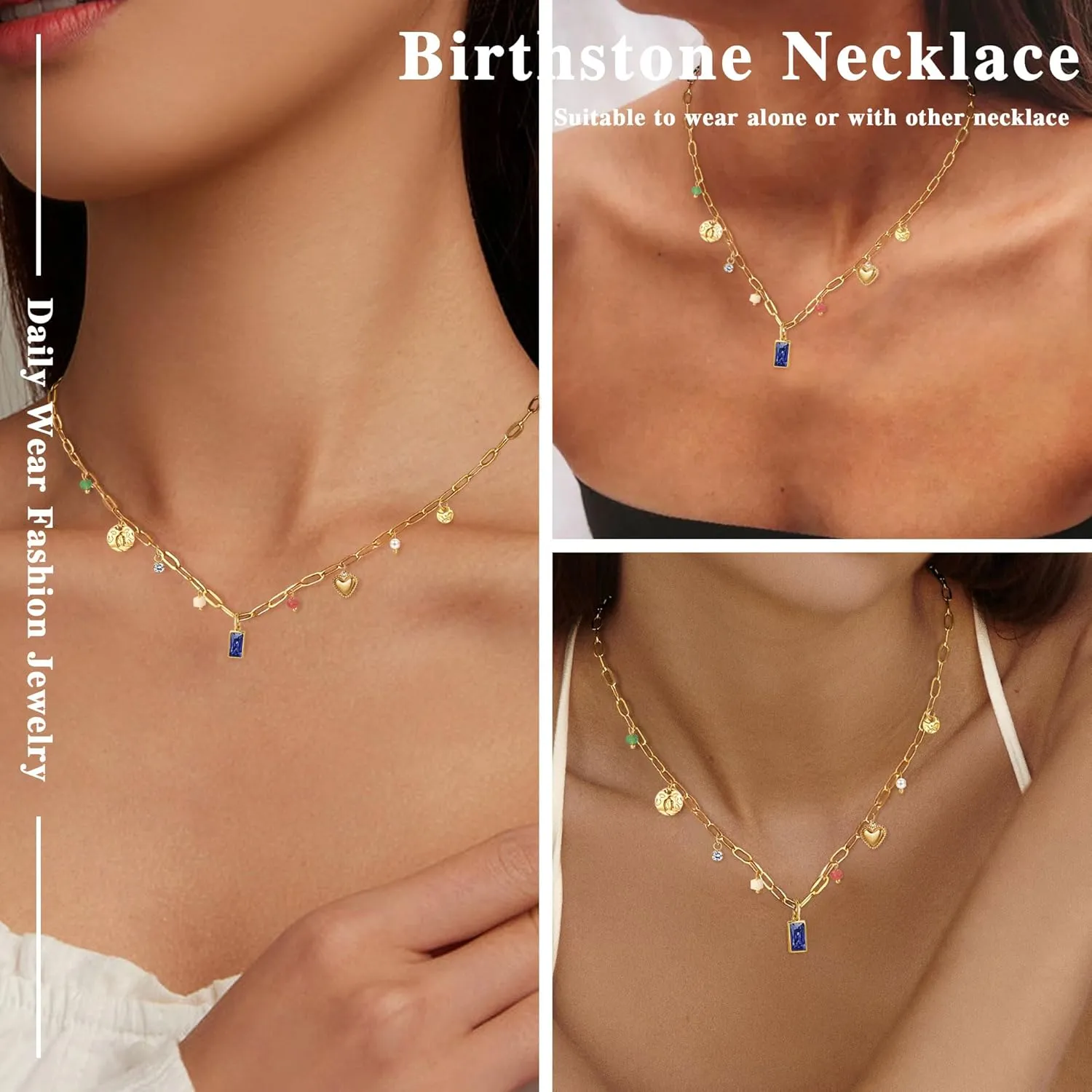 Birthstone Necklace for Women,Birthstone Charm Necklace Green Emerald Pendant Charm Gold Necklaces Birth Stone Jewelry Birthday Gifts for Women