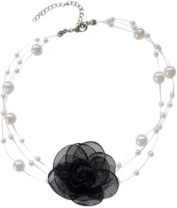 Black Flower Rose Flower Pearl Choker Necklace for Women Lace Velvet Choker Necklaces Layered White Black Fabric Foral Rosette Necklace