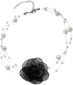 Black Flower Rose Flower Pearl Choker Necklace for Women Lace Velvet Choker Necklaces Layered White Black Fabric Foral Rosette Necklace