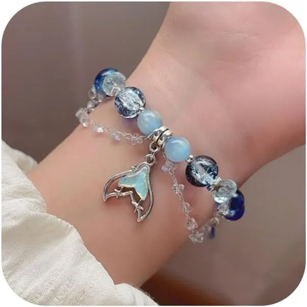 Blue Couples Crystal Bead Bracelets for BFF Friendship Handmade Fish Tail Chain Tassel pendant Beaded Bracelets Cute Kawaii Elastic Relationship Love Infinity Matching Jewelry Gift