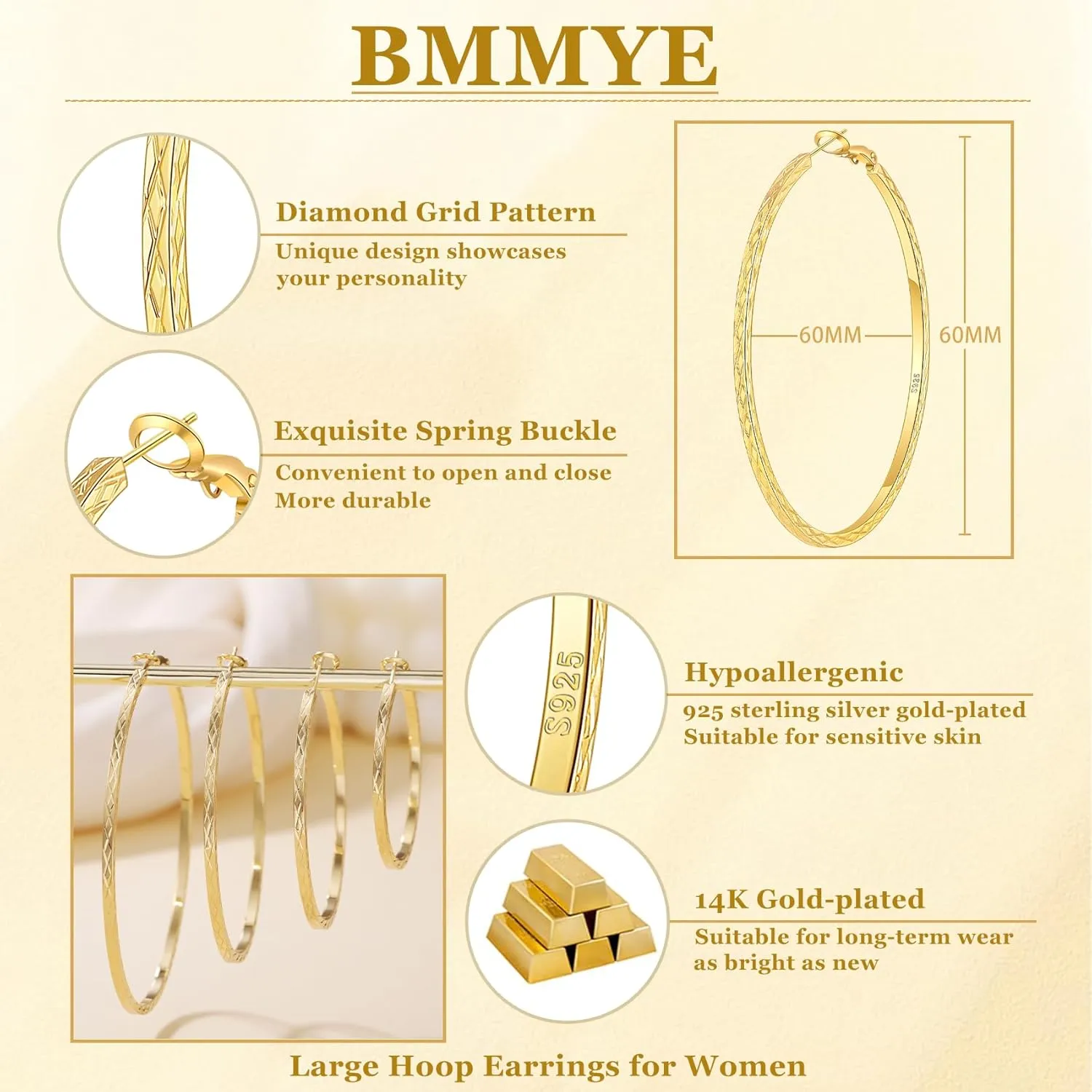 BMMYE Gold Hoop Earrings for Women Lightweight 14K Gold Plated Earrings Hypoallergenic Earrings Big Hoop Earrings for Women 40/50/60/70MM