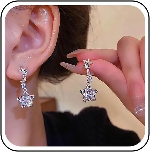 Bohemian Crystal Star Dangle Earrings Silver Metal Stars Stud Earring Small Cz Shooting Star Drop Earring Minimalist Cz Rhinestone Earrings Jewelry for Women