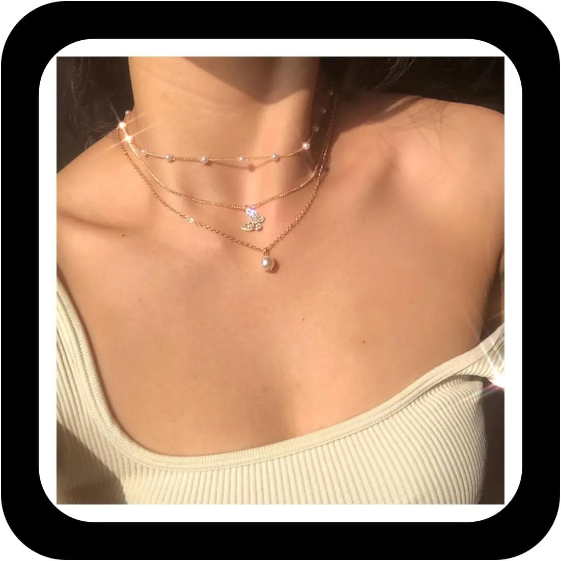 Boho Layered Butterfly Pearl Necklace Vintage Pearl Choker Necklace Gold Cz Butterfly Pendant Necklace Crystal Pearl Necklace Jewelry for Women