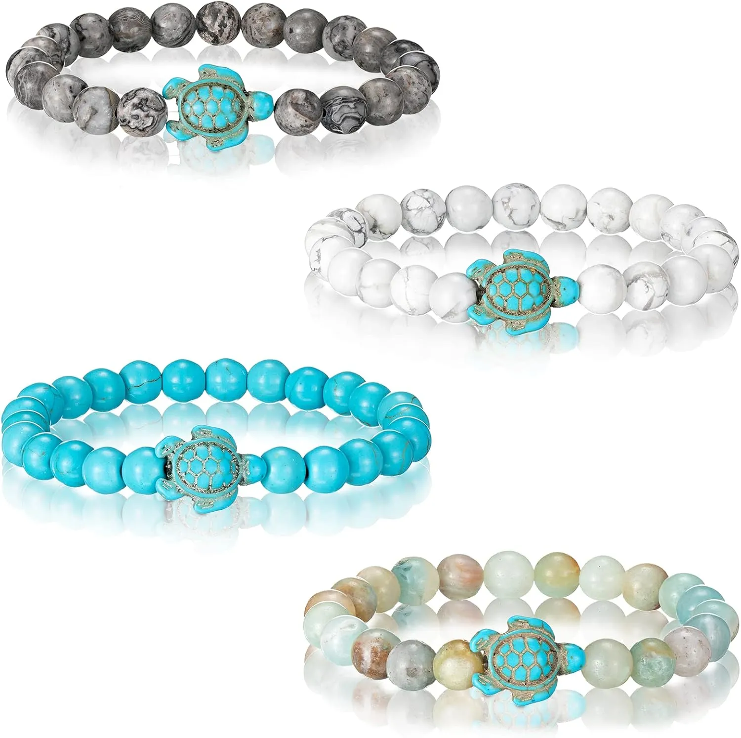 Bonuci Turtle Bracelet 4 Pieces Sea Turtle Beads Ocean Bracelets Natural Stone Turquoise Turtle Stretch Bracelet Gifts for Women Men