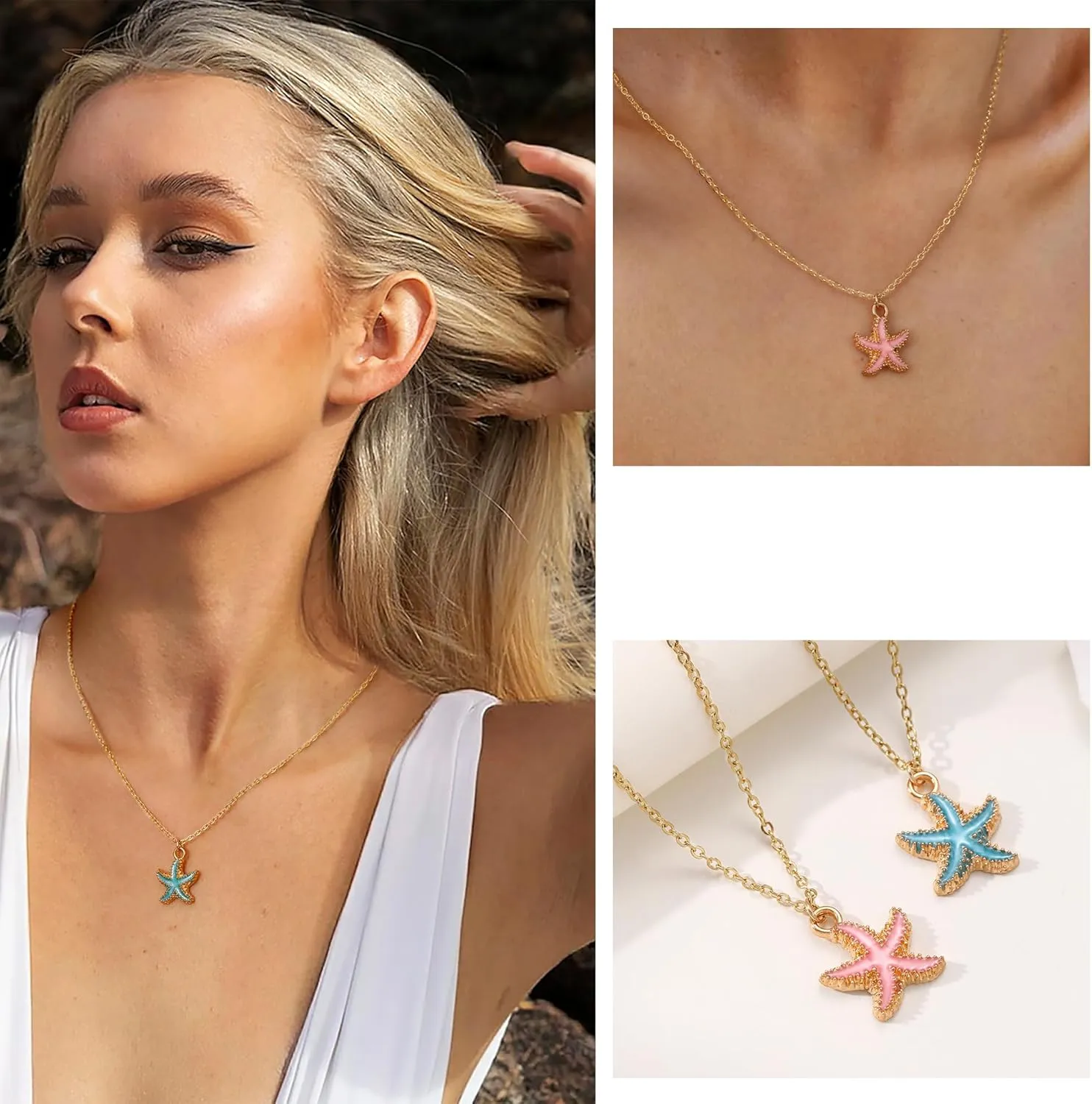 Btysun Beach Necklace, Summer Necklace for Women Teen Girl Gifts Trendy Stuff 14k Gold Necklace Conch Shell Starfish Pendant Necklace Stocking Stuffers for Teens Birthday Christmas Jewelry