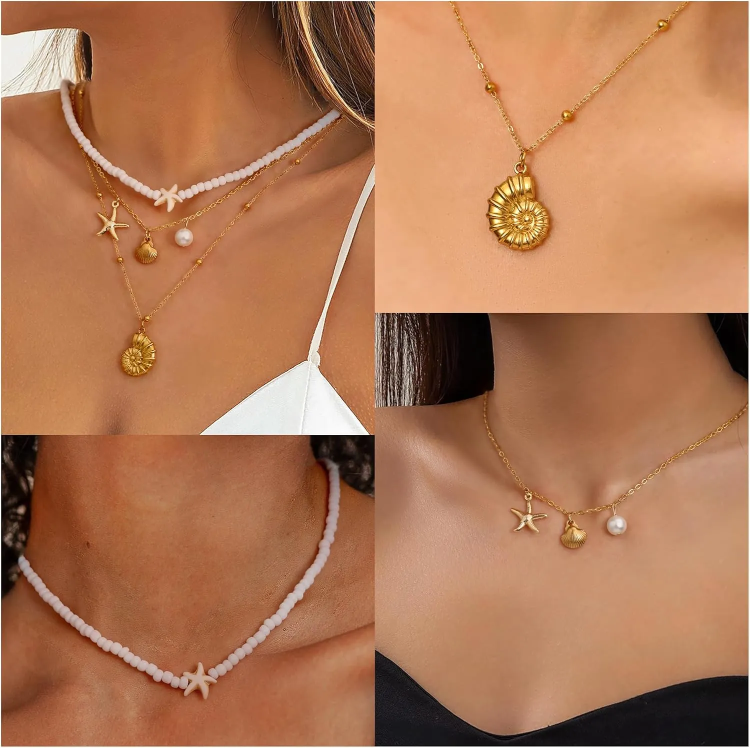 Btysun Beach Necklace, Summer Necklace for Women Teen Girl Gifts Trendy Stuff 14k Gold Necklace Conch Shell Starfish Pendant Necklace Stocking Stuffers for Teens Birthday Christmas Jewelry