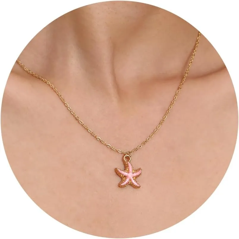 Btysun Beach Necklace, Summer Necklace for Women Teen Girl Gifts Trendy Stuff 14k Gold Necklace Conch Shell Starfish Pendant Necklace Stocking Stuffers for Teens Birthday Christmas Jewelry
