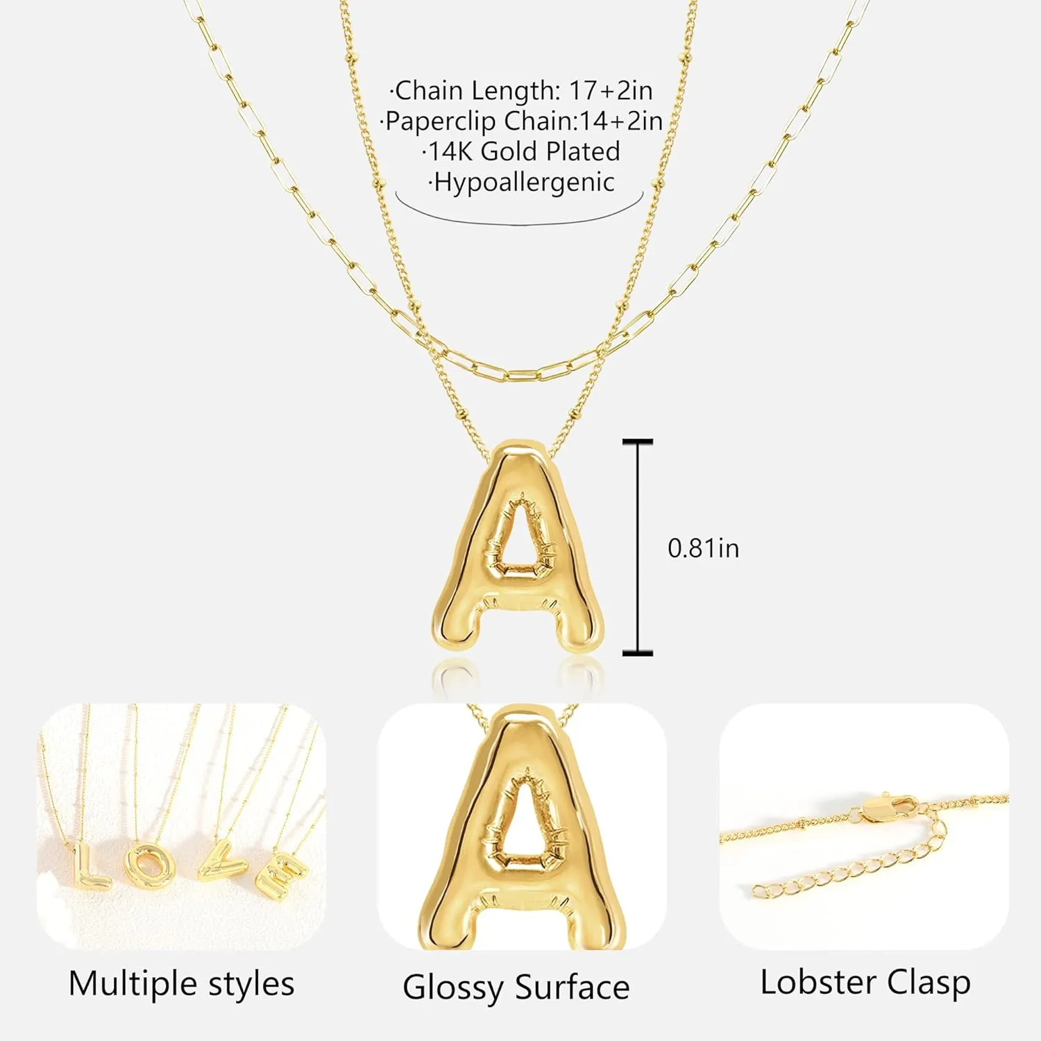Bubble Letter Necklace Gold for Women,14K Gold Plated Initial Necklaces for Women,Dainty Layered Gold Bubble Letter Necklace Birthday Gifts for Women