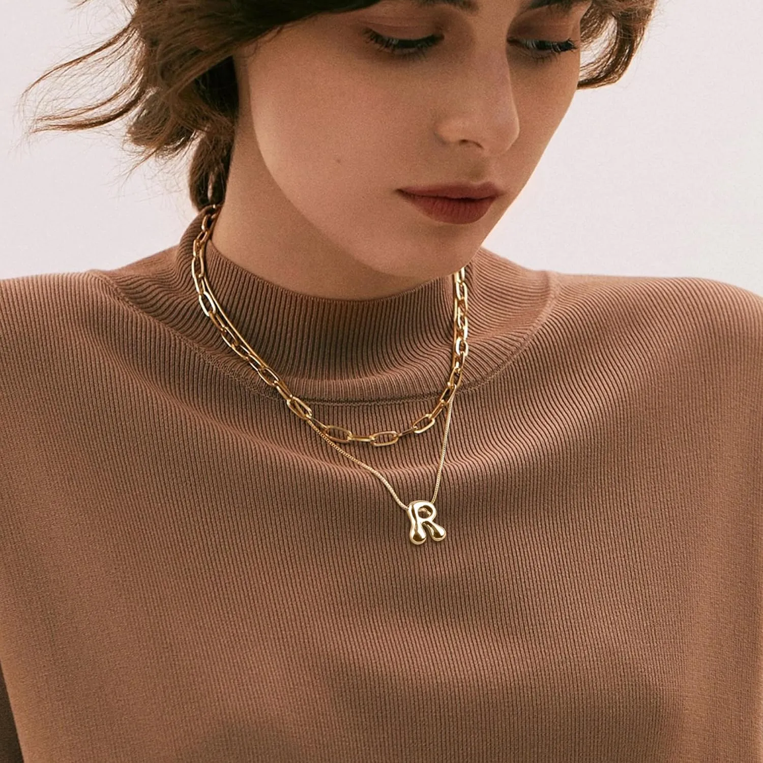Bubble Letter Necklace Gold for Women,14K Gold Plated Initial Necklaces for Women,Dainty Layered Gold Bubble Letter Necklace Birthday Gifts for Women