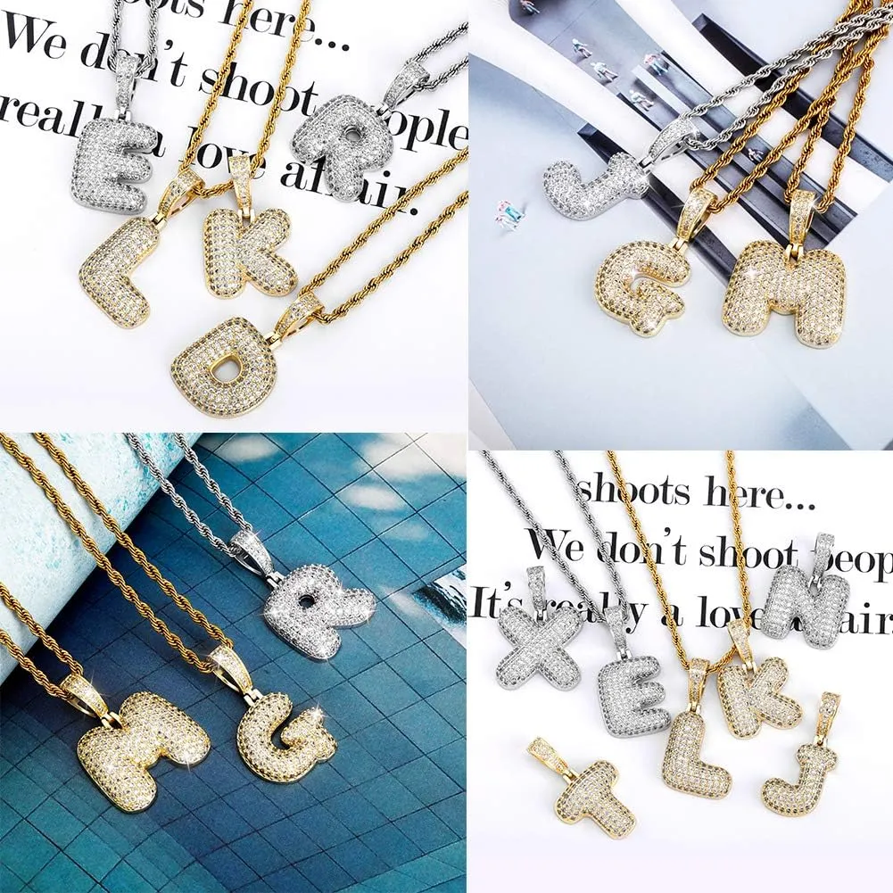 Bubble Letter Necklace Gold Silver Initial Necklaces 14K Gold Plated Personalized Custom Name Diamond Letter Chain Necklace for Men