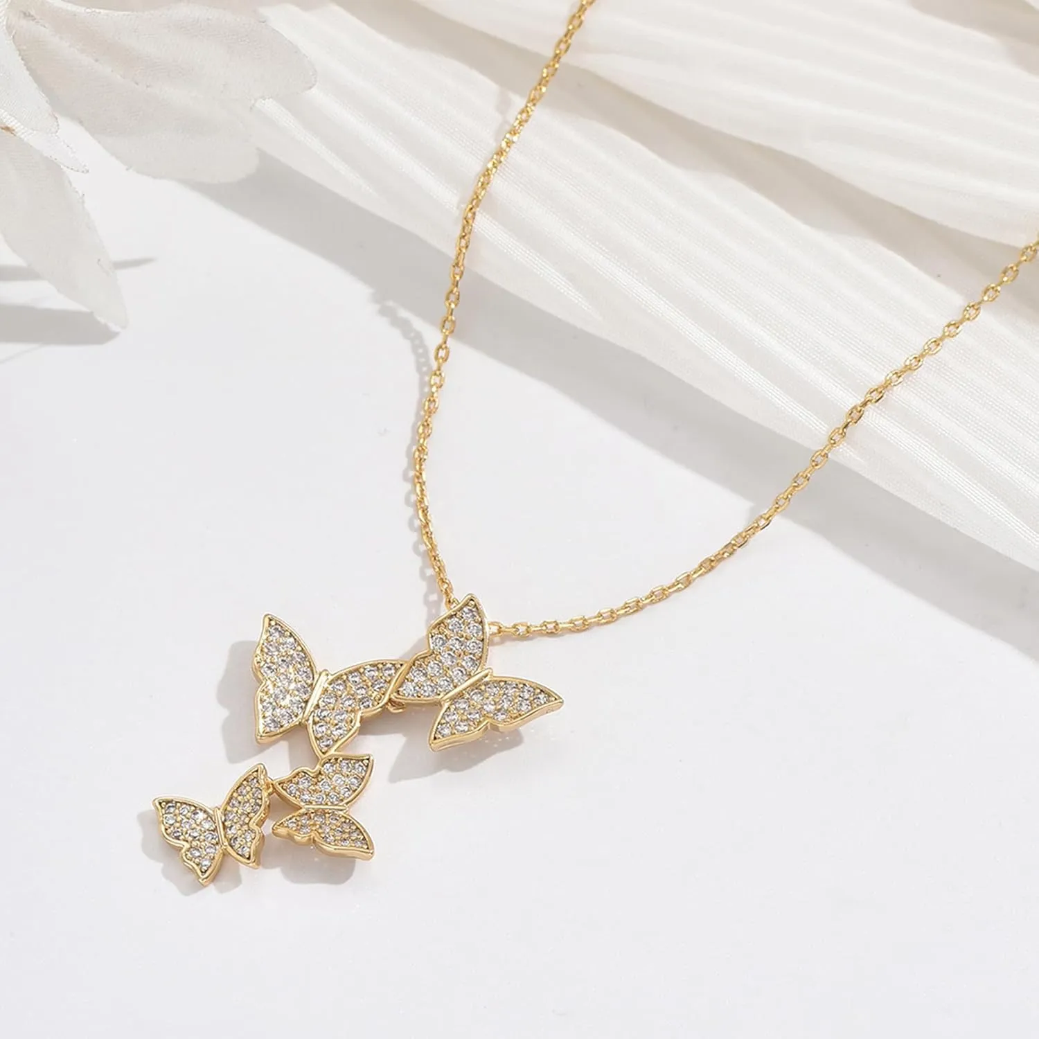 Butterfly Earring Necklace Bracelet Set - 14K Gold Plated Dainty Butterfly Jewelry Set with Cubic Zirconia, Birthday Bar Mitzvah Gifts for Women | Color: Gold/White Gold/Rose Gold