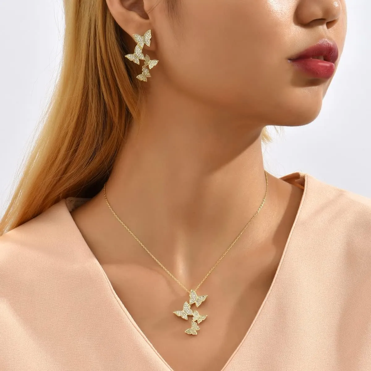 Butterfly Earring Necklace Bracelet Set - 14K Gold Plated Dainty Butterfly Jewelry Set with Cubic Zirconia, Birthday Bar Mitzvah Gifts for Women | Color: Gold/White Gold/Rose Gold