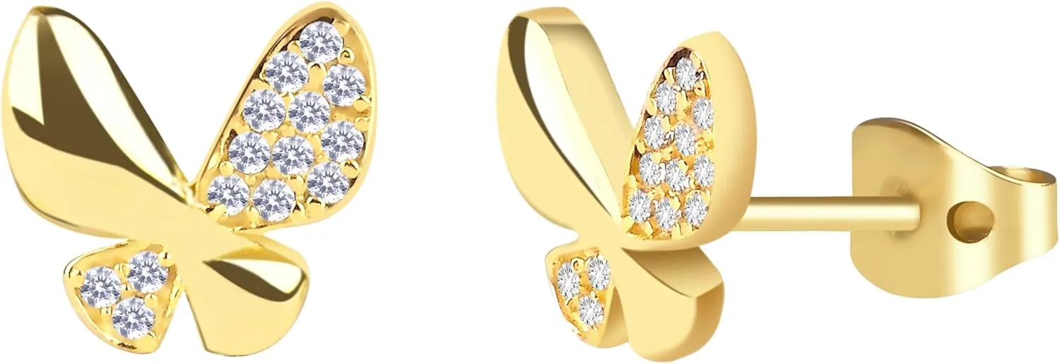Butterfly Stud Earrings for Women | 14K Gold Plated Silver | Hypoallergenic Earrings for Sensitive Ears | Trendy Gold Earrings, Cute Studs, Minimalist Luxury Jewelry