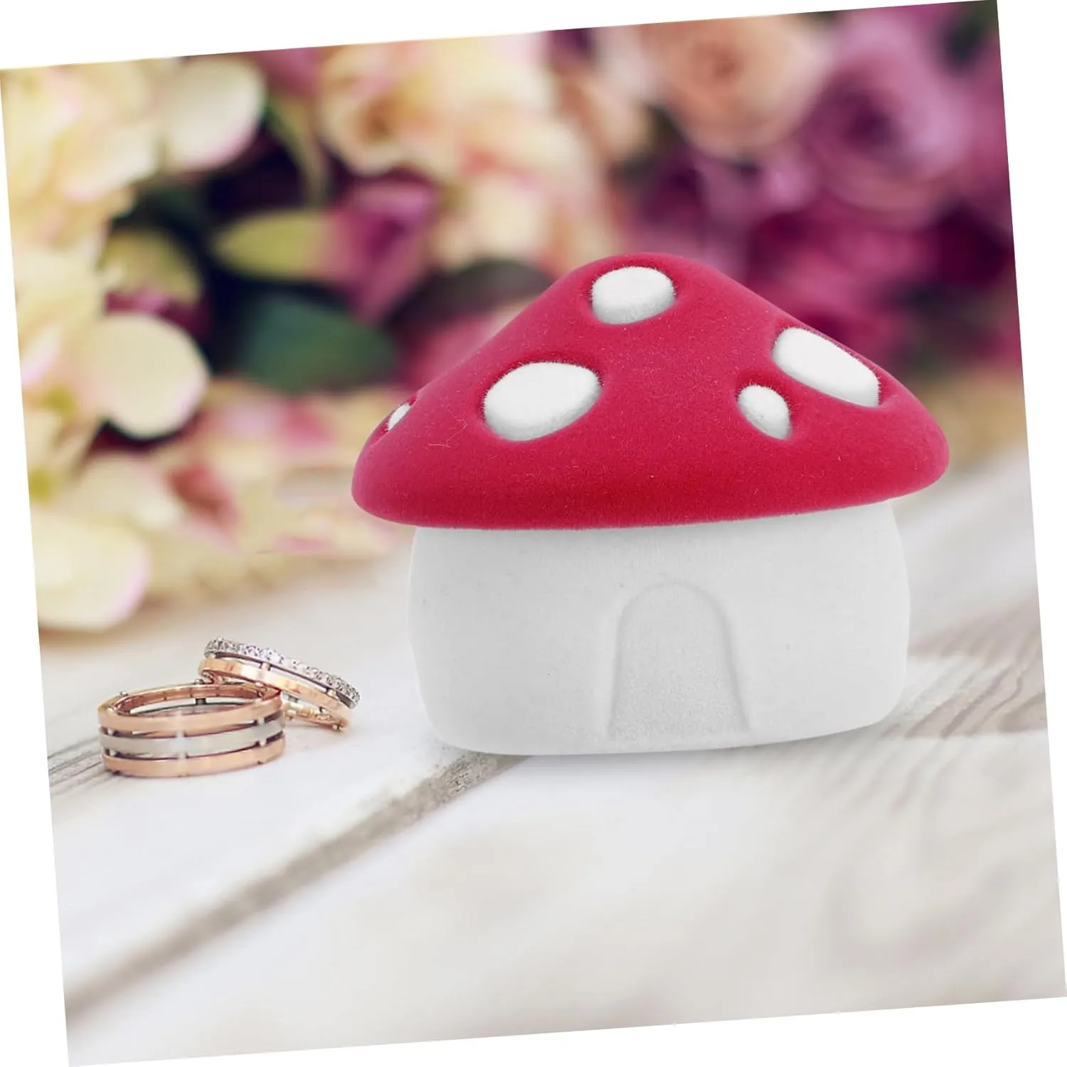 Cabilock 2pcs Box Mushroom Ring Case Jewelry Storage Organizer Flannel Lining and Red Pad for Earrings Rings Necklaces Display