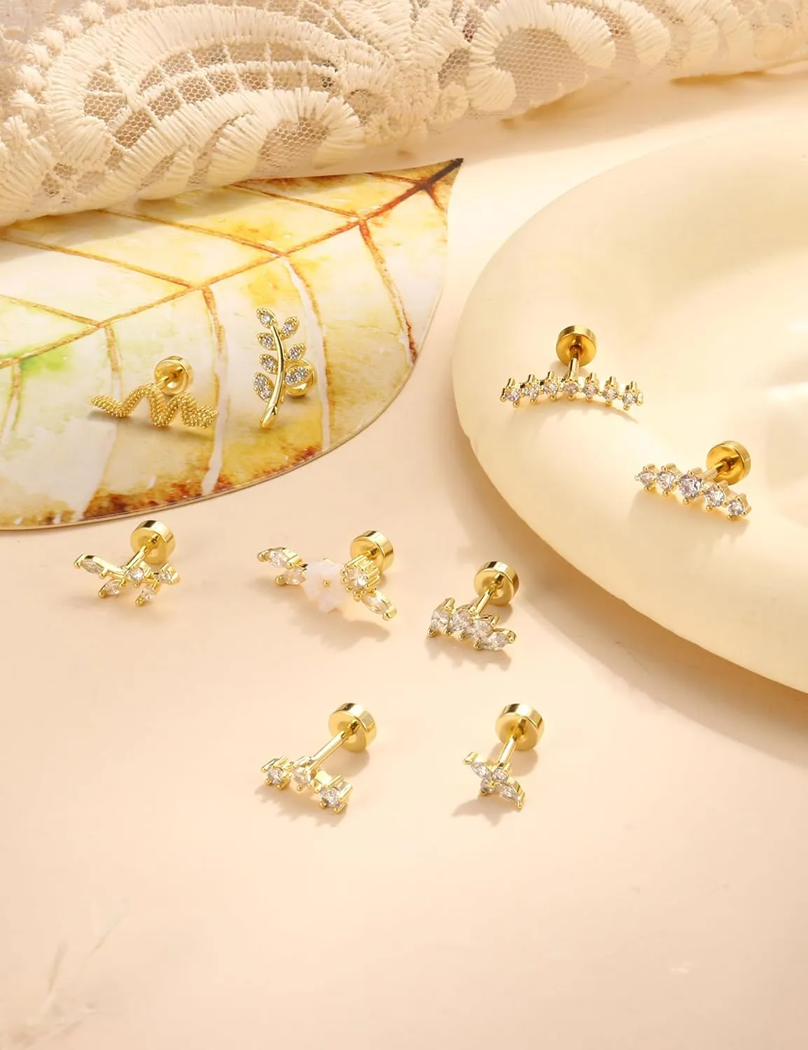 Cartilage Earrings for Women Flat Back - Hypoallergenic Surgical Stainless Steel Stud Earring Set for Sensitive Ears CZ Daith Conch Tragus Helix Piercing Jewelry 9PCS 16G 18G