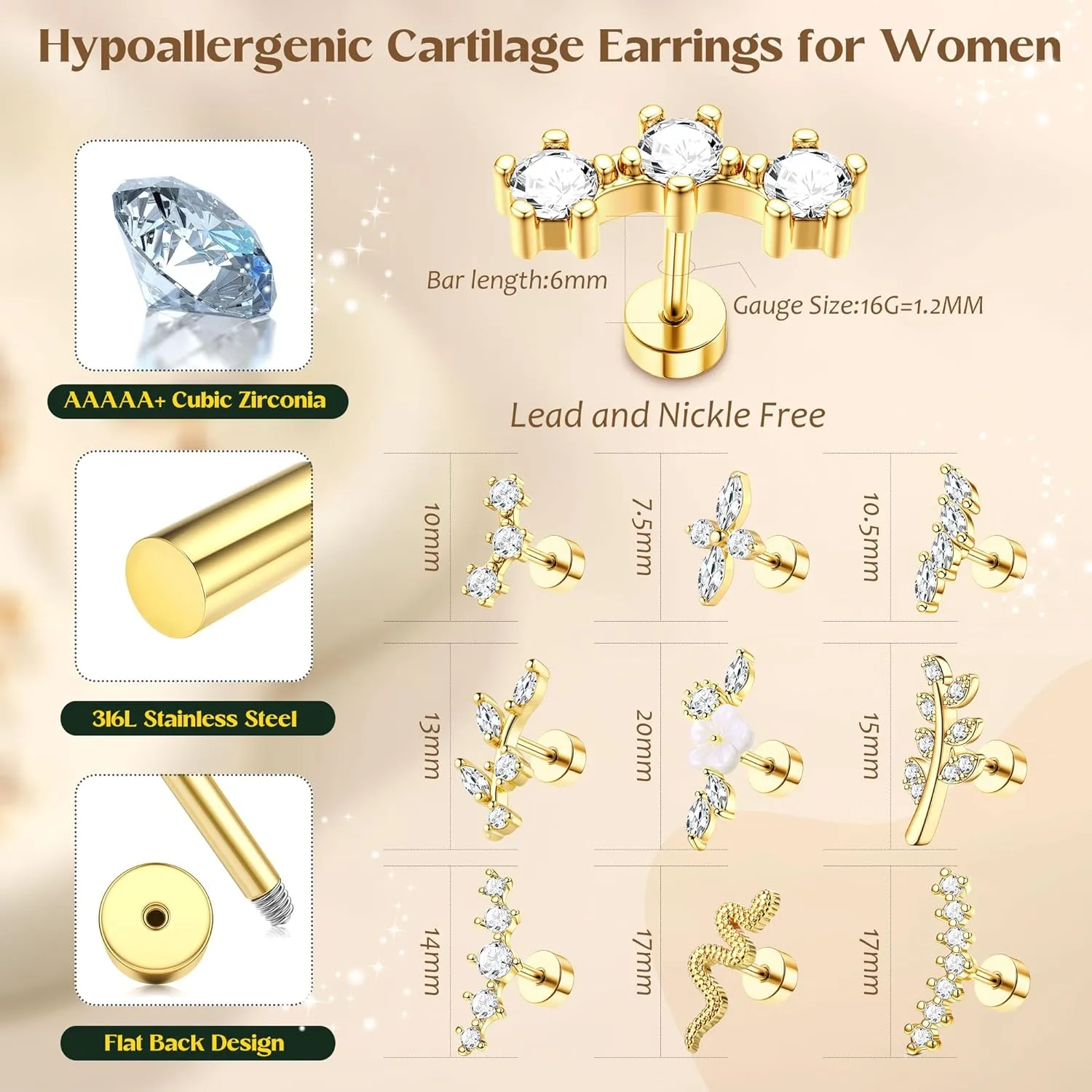 Cartilage Earrings for Women Flat Back - Hypoallergenic Surgical Stainless Steel Stud Earring Set for Sensitive Ears CZ Daith Conch Tragus Helix Piercing Jewelry 9PCS 16G 18G