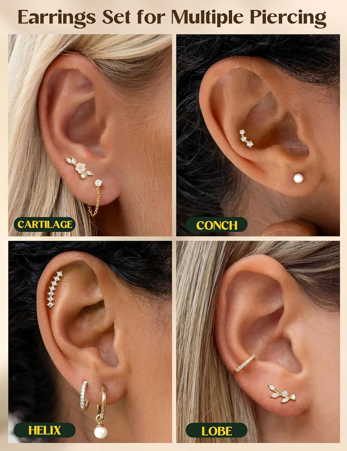 Cartilage Earrings for Women Flat Back - Hypoallergenic Surgical Stainless Steel Stud Earring Set for Sensitive Ears CZ Daith Conch Tragus Helix Piercing Jewelry 9PCS 16G 18G