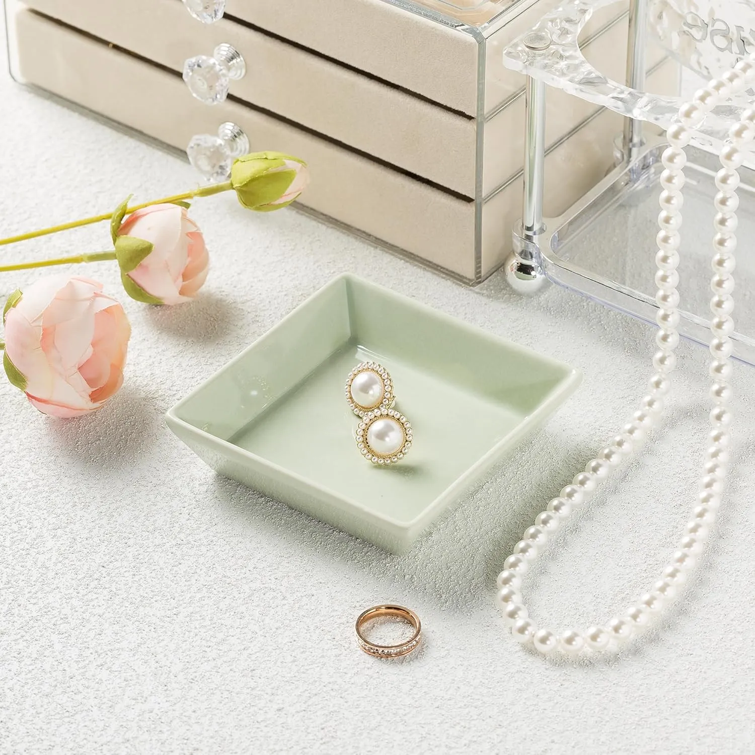 Ceramic Ring Dish, Jewelry Dish Holder, Small Trinket Tray Plate for Earrings Rings Necklaces Keys, for Mom Friend Sister