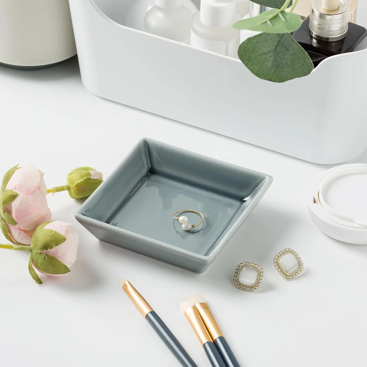 Ceramic Trinket Dish, Ring Tray, Decorative Jewelry Dish for Earrings Necklaces Watch Keys for Women (blue square)