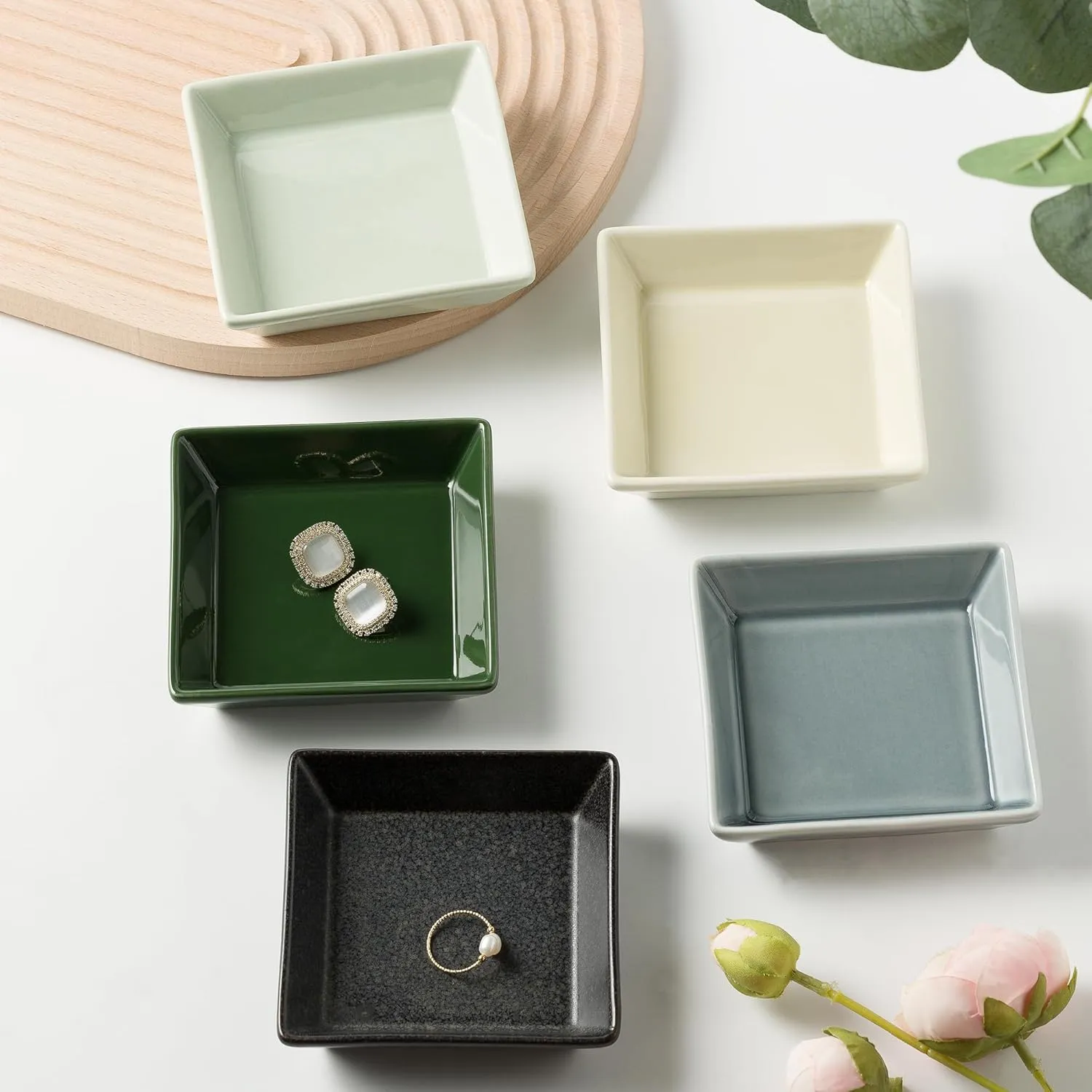 Ceramic Trinket Dish, Ring Tray, Decorative Jewelry Dish for Earrings Necklaces Watch Keys for Women (blue square)