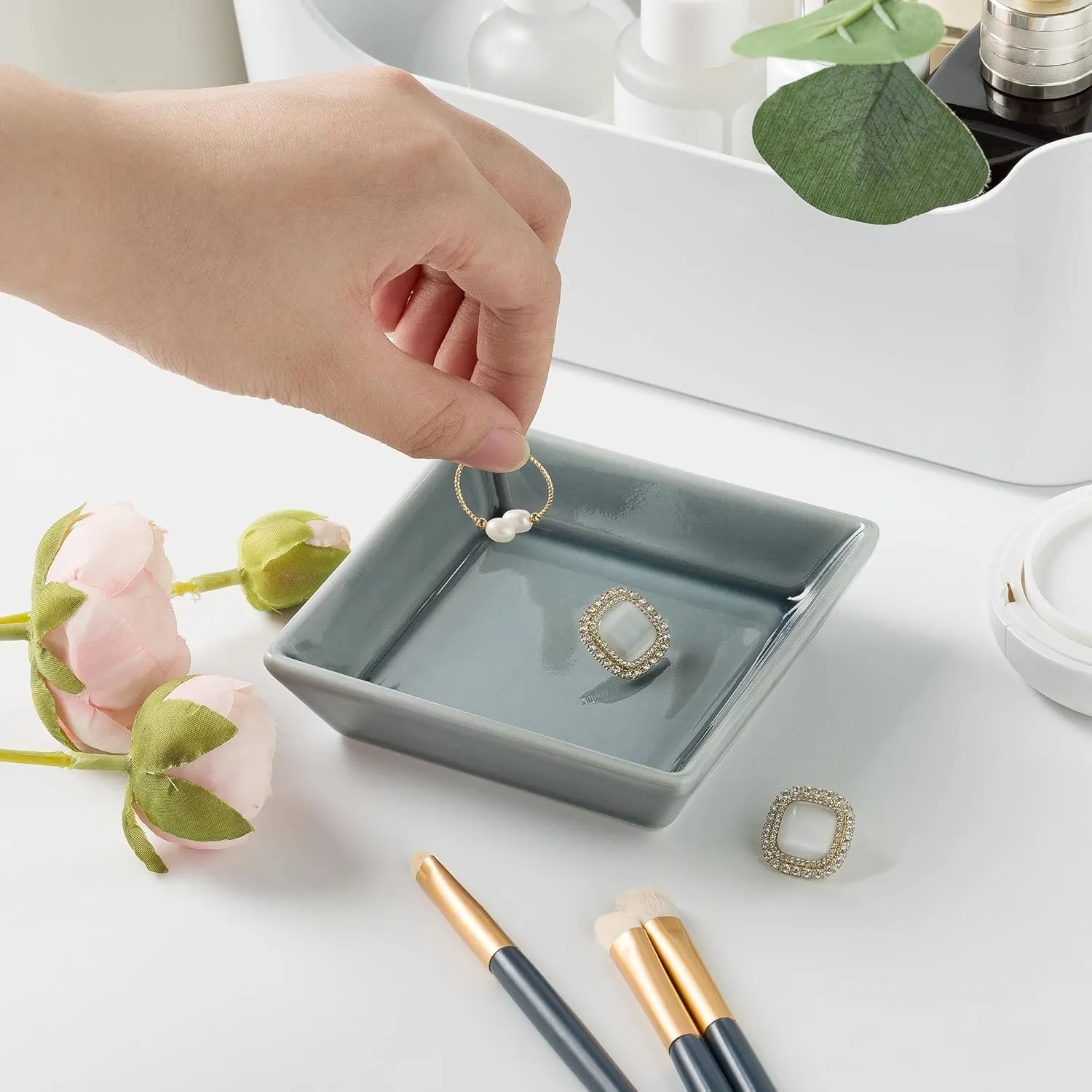 Ceramic Trinket Dish, Ring Tray, Decorative Jewelry Dish for Earrings Necklaces Watch Keys for Women (blue square)