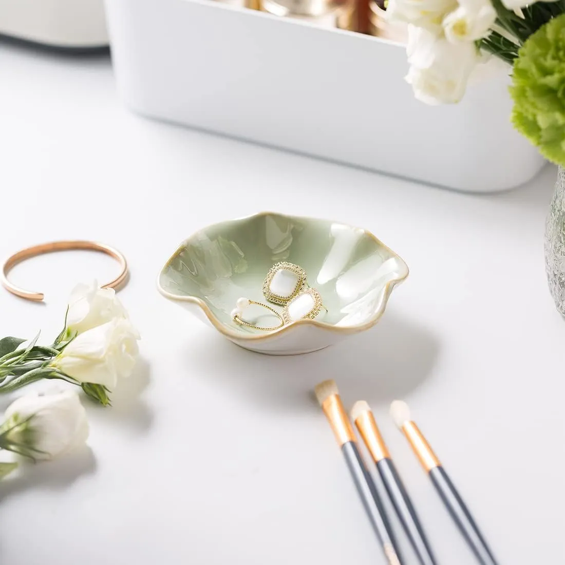 Ceramic Trinket Dish, Ring Tray, Decorative Jewelry Dish for Earrings Necklaces Watch Keys, for Women, White Green