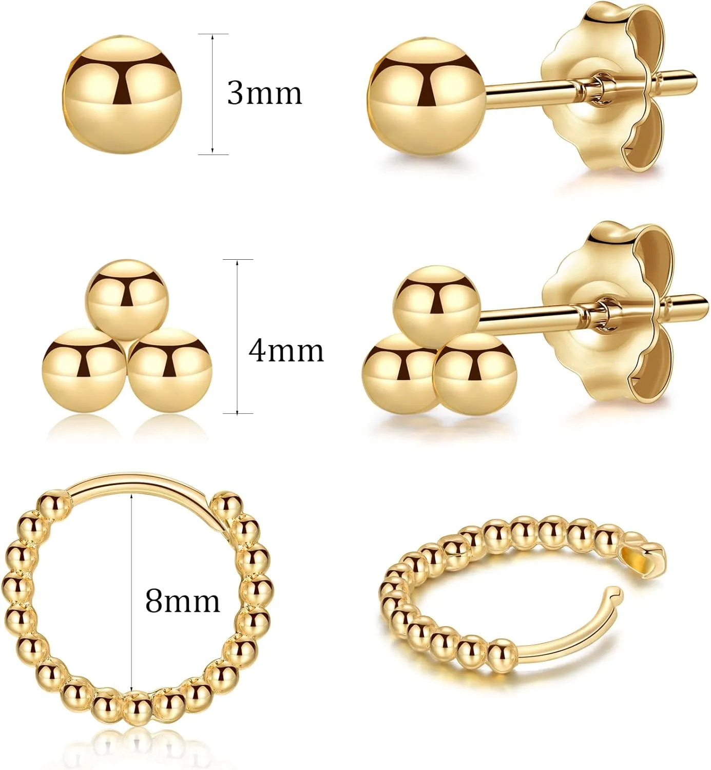 CERSLIMO Silver Hoop Earrings for Women| 3 Pairs Small Sterling Silver Post Beaded Huggie Earrings| Hypoallergenic Tiny Cartilage Sleeper Cuff Jewelry for Men Ladies, 8mm 10mm 12mm