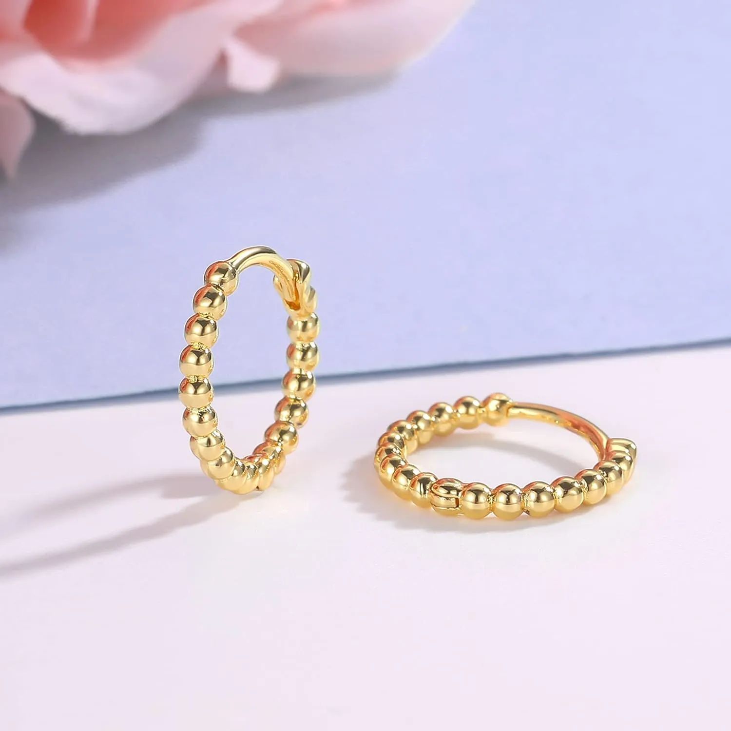 CERSLIMO Silver Hoop Earrings for Women| 3 Pairs Small Sterling Silver Post Beaded Huggie Earrings| Hypoallergenic Tiny Cartilage Sleeper Cuff Jewelry for Men Ladies, 8mm 10mm 12mm