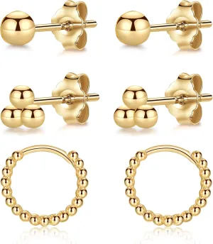 CERSLIMO Silver Hoop Earrings for Women| 3 Pairs Small Sterling Silver Post Beaded Huggie Earrings| Hypoallergenic Tiny Cartilage Sleeper Cuff Jewelry for Men Ladies, 8mm 10mm 12mm