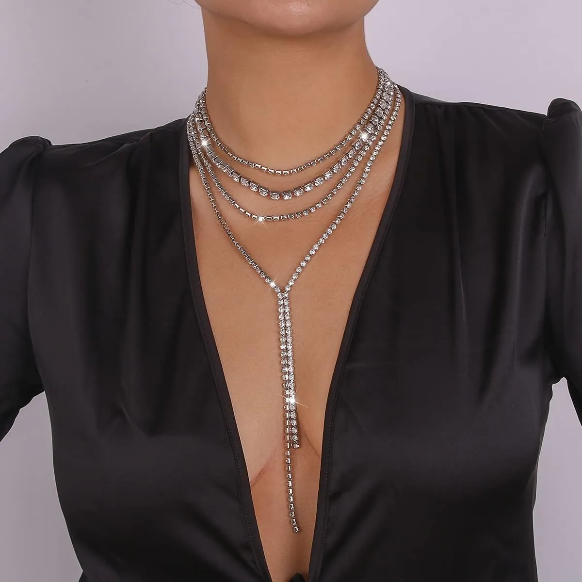 Chargances Boho Layered Rhinestone Choker Necklace Gold Crystal Long Choker Necklaces Fashion Sexy Body Costume Accessories for Women
