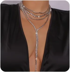 Chargances Boho Layered Rhinestone Choker Necklace Gold Crystal Long Choker Necklaces Fashion Sexy Body Costume Accessories for Women
