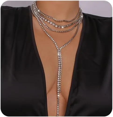 Chargances Boho Layered Rhinestone Choker Necklace Gold Crystal Long Choker Necklaces Fashion Sexy Body Costume Accessories for Women