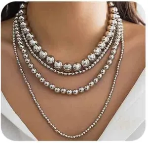 Chargances Layered Round Beaded Necklaces Bohemia Gold Beads Chain Choker Multilayer Fashion Adjustable Jewelry for Women and Girls