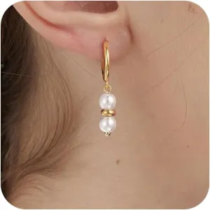 CHESKY Dainty Pearl Earrings for Women Trendy, Hypoallergenic Gold Plated Pearl Huggie Hoop Earrings for Women Non Tarnish, Cute 14K Gold Bridal Dangle Earrings for Wedding Jewelry